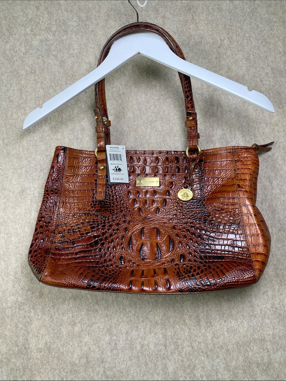Brahmin Medium Arno Pecan Melbourne Croc Embossed Leather Tote NWT